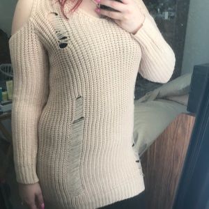 Cold Shoulder Tunic Length Distressed Sweater